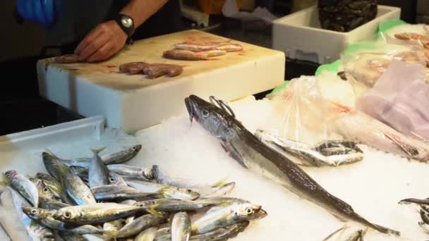 Продавець на рибному ринку ріже свіжу рибу — стокове відео