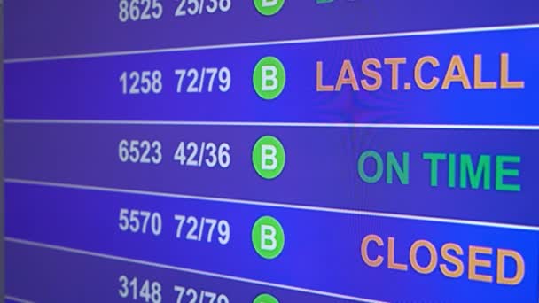 Information board in airport with info "Canceled" — Stock Video