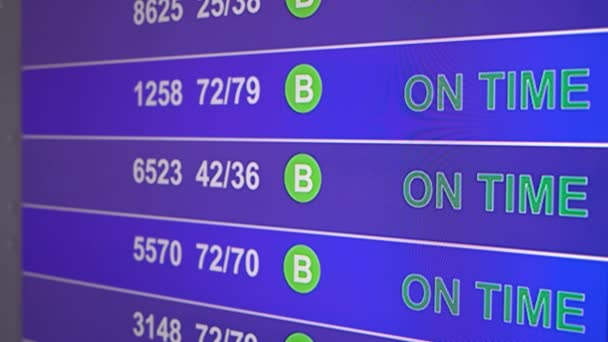 Informační tabule na letišti s informacemi "Zpožděná" — Stock video