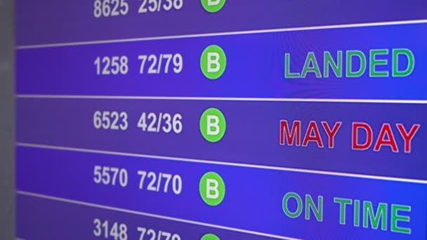 Informatiebord op de luchthaven met info "May Day" — Stockvideo