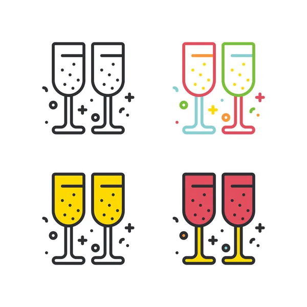 Copas Vino Plana Línea Simple Iconos Conjunto — Archivo Imágenes Vectoriales