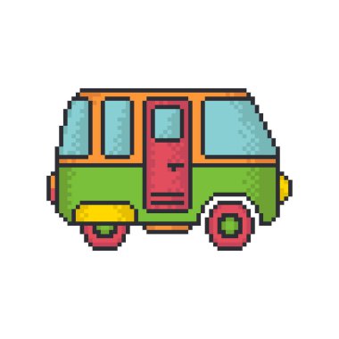 Retro minivan piksel sanat stil vektör simgesi beyaz arka plan üzerinde.