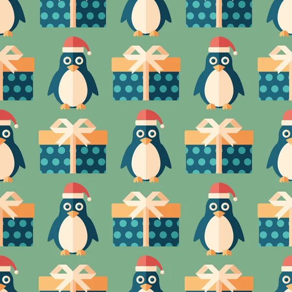 Christmas Penguin Gifts Flat Art Seamless Pattern — Stock Vector