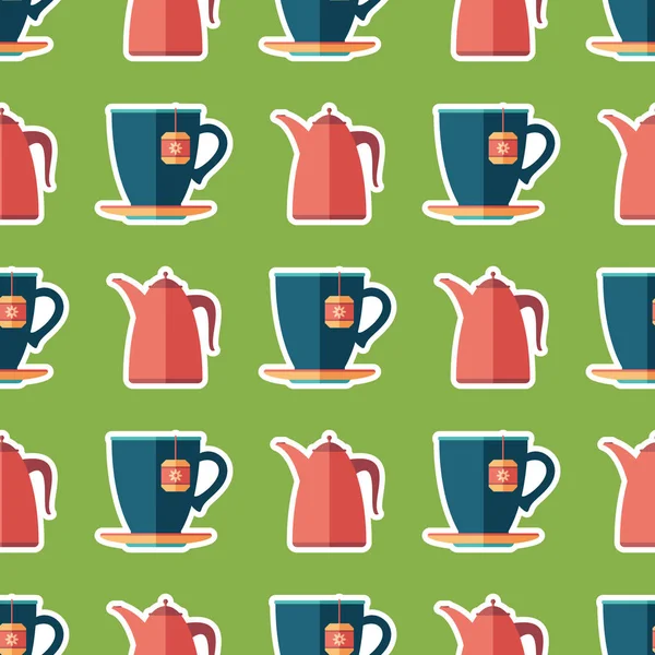 Cup Tea Teapot Flat Art Seamless Pattern — Stock Vector
