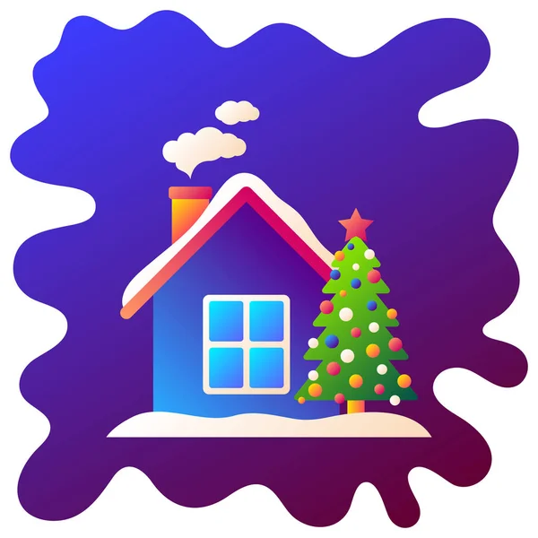 Árvore Natal Perto Pequena Casa Ícone Plano Gradiente Com Fundo — Vetor de Stock