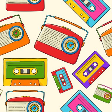 Vintage radyolar ve ses kasetleri el çizilmiş pop sanat tarzı sorunsuz desen.