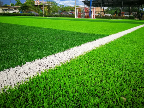 Campo Fútbol Superficie Césped Astro Primer Plano Tiro Patada Zona — Foto de Stock