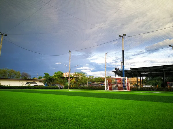 Campo Fútbol Superficie Césped Astro Primer Plano Tiro Patada Zona — Foto de Stock