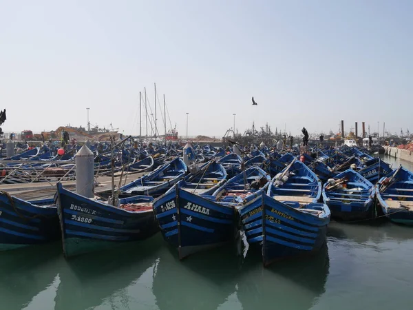 ESSAOUIRA, MOROCCO - 24 Eylül 2019: Essaouira eski kasaba manzarası güneşli bir günde. Limanda ve balıkçılıkta mavi balıkçı tekneleri