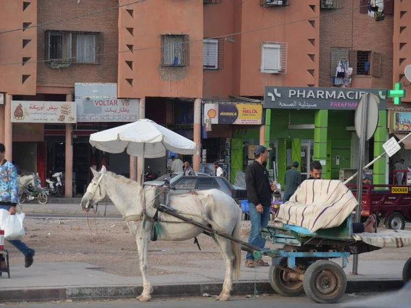 MARRAKECH, MOROCCO - 23 Eylül 2019 Marakeş 'in Medina Mahallesi, Marakeş, Fas. Şehirdeki insanlar ve trafik. Alışveriş, ticaret, turizm.