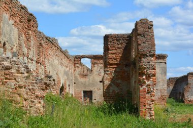 Beyaz Rusya'da antik Carthusian manastırının kırmızı tuğla yıkık duvarlar.