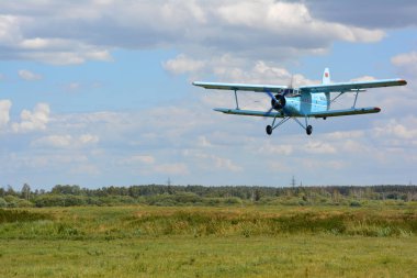 Uçak An-2 iniş için yeşil çim en aşağı geliyor