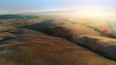 Hareketli hava atış hasat alanları, ağaçlar ve tepeler. Büyük ölçekli görünümü güzel renklerle batan güneşin yaktı.