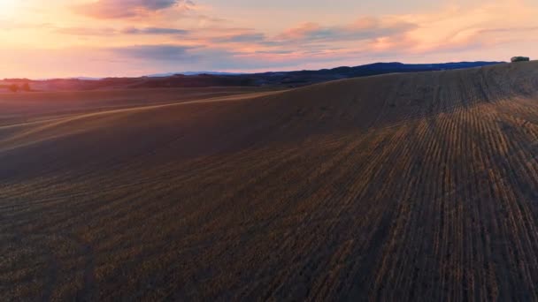 Aerial Shot Harvested Fields Stretching Horizon Hermoso Cielo — Vídeo de stock