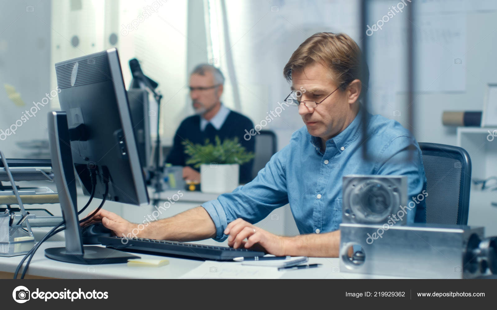 Busy Engineering Bureau Engineer Working His Desk Some Technical