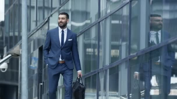 Feliz Homem Negócios Sorridente Com Saco Desce Escadas Verifica Seu — Vídeo de Stock