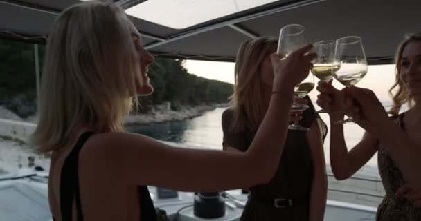 幸せな若い女性や男性をヨットで祝う 彼らはシャンパン グラスをチャリンという音とトーストを作る 美しい自然と海が見える — ストック動画