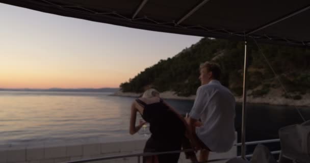 Three Gorgeous Young Women Join Young Man Yacht Stern Admire — Stock Video