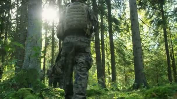 Squad Fully Equipped Soldiers Reconnaissance Military Mission Moving Dense Forest — Stock Video