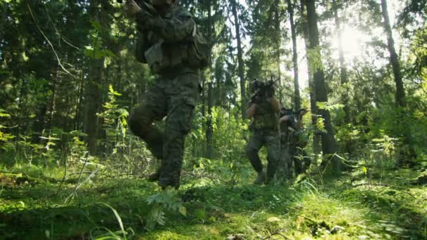 迷彩偵察軍任務のライフルを目指して つの整った兵士の分隊 彼らは 鬱蒼とした森を介して形成で動いています ローアングル映像 — ストック動画