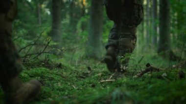 Yakın çekim grup daha fazla yoğun orman hamle Moss üzerinde adım Asker botları donanımlı. İnanmadılar askeri göreve dağıtmadan. Düşük açılı görüntüleri.