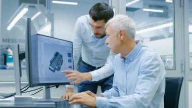 Endüstriyel tasarımcı konuşma Kıdemli mühendis ile yeni bileşen tasarımı Cad programında çalışırken vardır. O inşaat üstünde kişisel bilgisayar ile iki monitör.