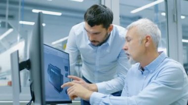 Endüstriyel tasarımcı tartışma Kıdemli mühendis ile yeni bileşen tasarımı Cad programında çalışırken vardır. O inşaat üstünde kişisel bilgisayar ile iki monitör.