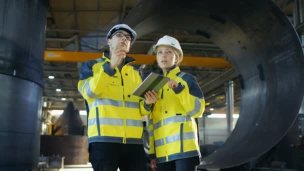 Mannelijke Vrouwelijke Industrieel Ingenieurs Hebben Discussie Terwijl Met Behulp Van — Stockvideo