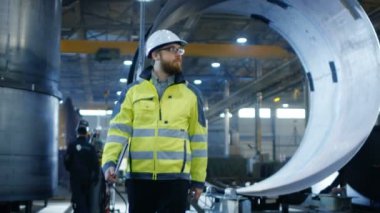 Ağır fabrika çeşitli metal işleme süreçleri ile imalat sanayi endüstri mühendisi baret Emanet ceketin içinde yürür.