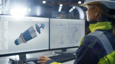 Ağır Sanayi Fabrika içinde kadın mühendis türbin kişisel bilgisayarda çalışır / 3D motoru projesi kullanarak Cad programı.