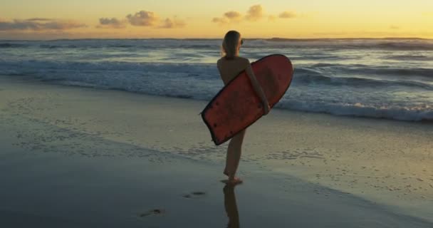 サーフボードを運ぶながら海に歩く水着で美しい若い女性 彼女はゴージャスに見える スリムがブロンドの髪です 大きな海洋波と背景の夕日 — ストック動画