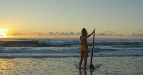 サーフボードの保持しながら海に立っている水着で美しい若い女性 大きな海洋波と背景の夕日 — ストック動画