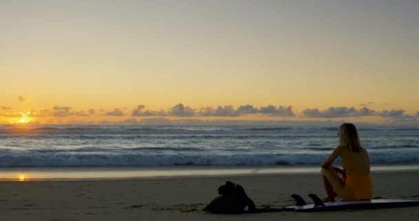 Красивая Молодая Женщина Купальнике Сидящая Пляже Доске Серфинга Глядя Море — стоковое видео