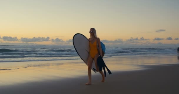 穿着泳装的美丽的年轻女子沿着海滩走 同时携带冲浪板 海与波浪和日落在背景 慢动作拍摄 — 图库视频影像