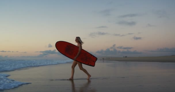 ビーチやサーフボードを運ぶながら海に水着歩行の美しい若い女性の側の表示映像 少女がブロンドの髪 非常に運動です スローモーションで — ストック動画