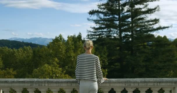 时尚的年轻女子站在老城区的观景台 斜倚在栏杆上 美丽的人与历史建筑和风景如画的自然 — 图库视频影像