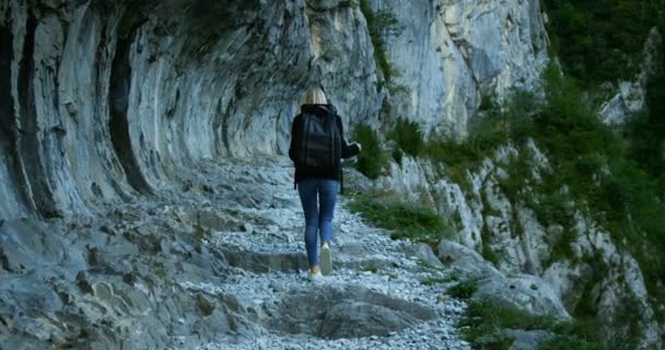 Siguiendo Las Imágenes Hermosa Senderista Femenina Caminando Por Sendero Montaña — Vídeos de Stock