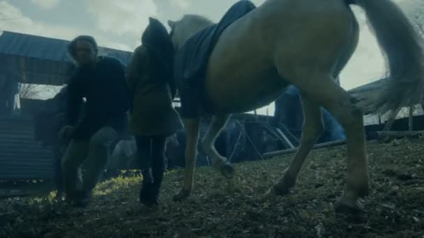 Ortaçağ Canlandırma Ahşap Kalenin Insanlar Atları Ile Bahçede Yaşam — Stok video