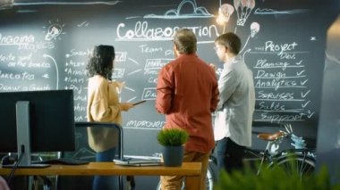 Kadın geliştirici ile Tablet bilgisayar görüşmeler akmak ve Proje Yöneticisi ile bir planlayıcısı olarak Blackboard duvar kullanıyorlar. Şık yaratıcı ofiste çalışmak.