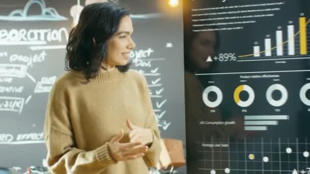 Kvinnliga Projektledare Håller Möte Visar Statistiska Grafer Och Diagram Den — Stockvideo