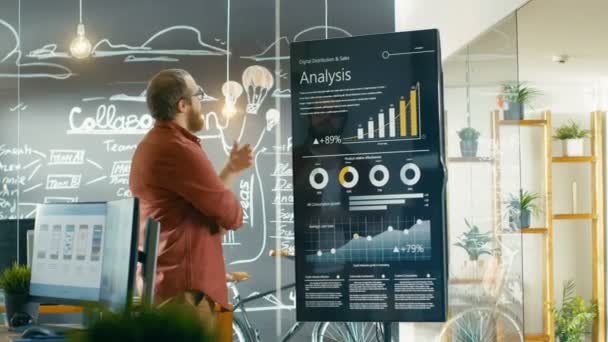 Marketer Looks Interactive Touchscreen Whiteboard Showing Latest Graphs Charts Statistical — Stock Video