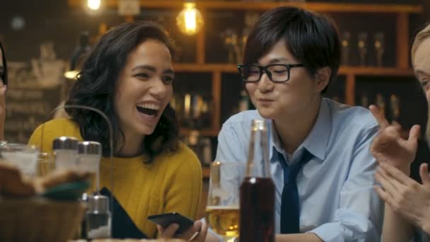 Diverse Group Young People Have Fun Bar Talking Telling Stories — Stock Video