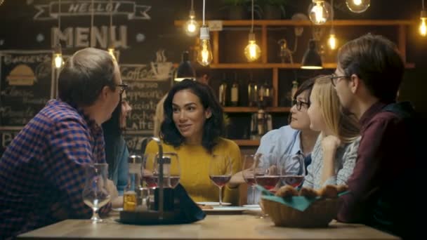 Diverse Groep Van Vrienden Vieren Met Een Toast Wijnglazen Viering — Stockvideo