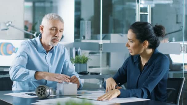 Ingenieros Industriales Experimentados Masculinos Femeninos Tienen Discusión Haciendo Ajuste Perfeccionando — Vídeo de stock