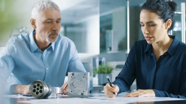 Ingenieros Industriales Experimentados Masculinos Femeninos Tienen Discusión Haciendo Ajuste Perfeccionando — Vídeo de stock