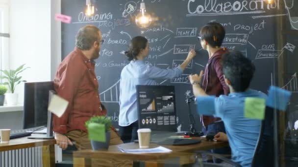 Diverse Team Young Developers Draw Work Plan Blackboard Wall Have — Stock Video