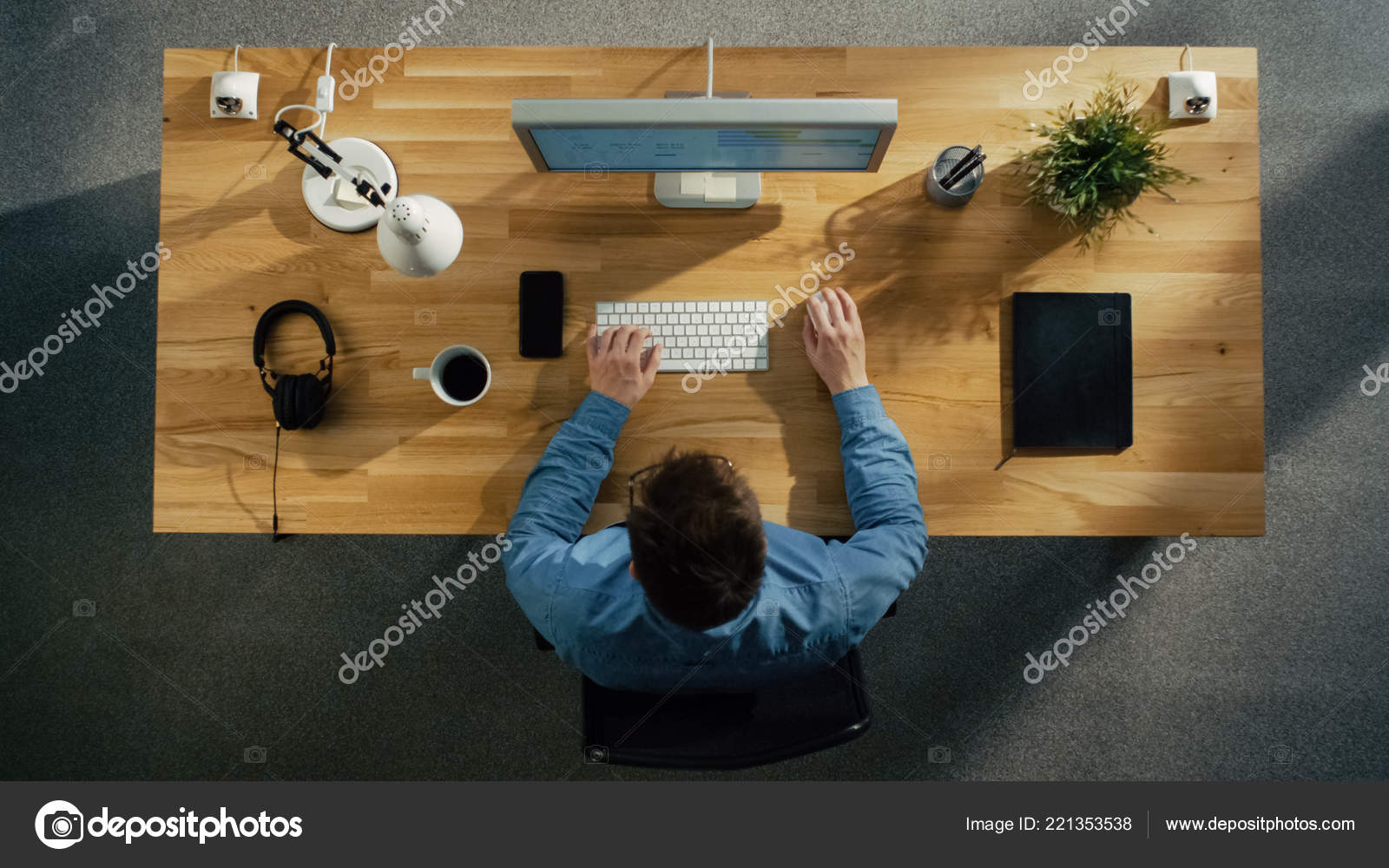 Top View Software Engineer Working Desktop Computer Sitting His