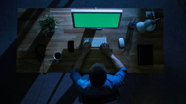 Top View Male Programmer Working His Desktop Computer Mock Green — Stock Photo, Image