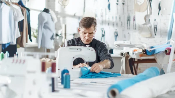 Male Fashion Designer Dressmaker Working Sewing Machine His Sunny Studio — Stock Photo, Image