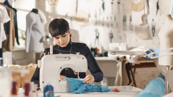 Female Fashion Designer Seamstress Dressmaker Working Sewing Machine Her Sunny — стоковое фото